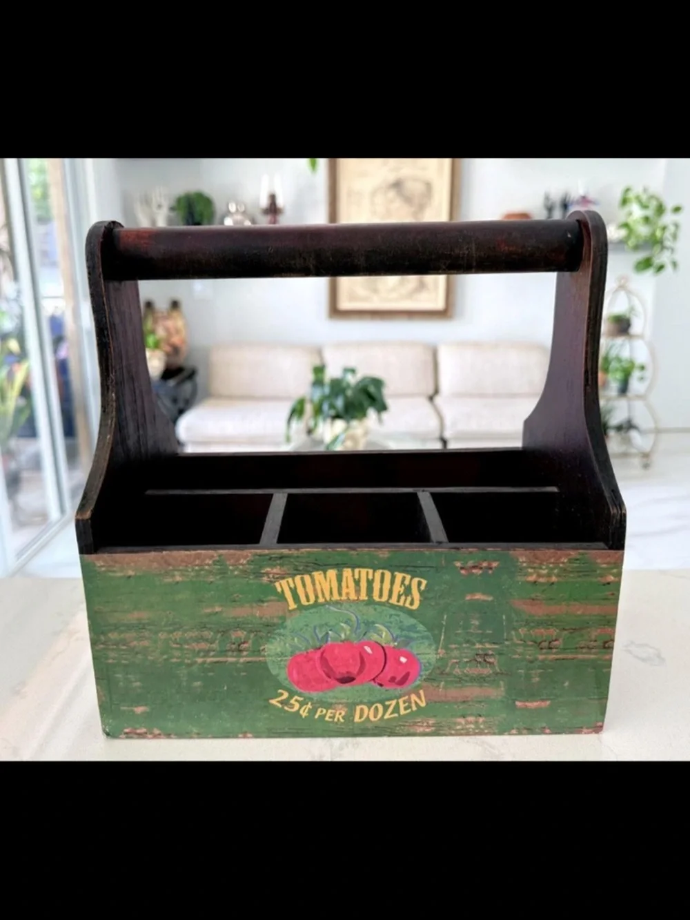 Farmhouse Wood Caddy Organizer Vintage Tomatoes Sunflower Seeds Two-Sided Box